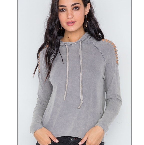 Host Pick!Grey Stonewash Laser Cut Long Sleeve Top - Picture 2 of 6